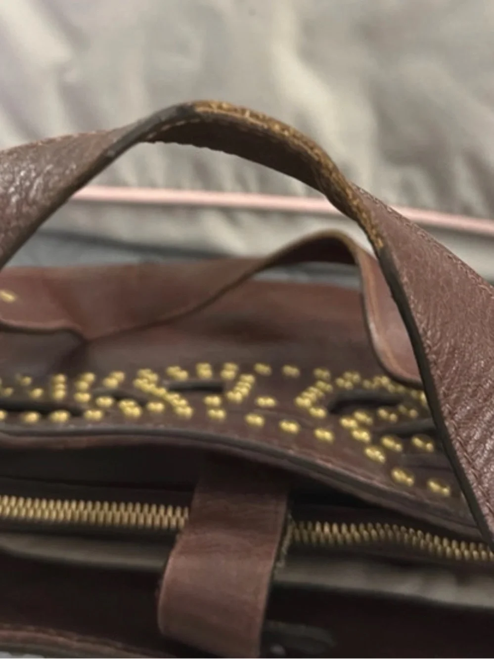 Michael Kors Dark Brown Leather Shoulder Bag with Gold Stud Accents